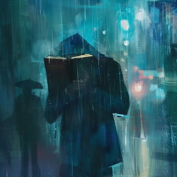 Getting Caught In The Rain - Someone Shielding Themselves With A Book Or Briefcase As They Get Drenched By An Unexpected Downpour. 