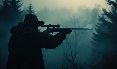 Hunter in holding rifle and shooting at evening forest.
