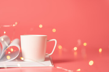 Ceramic mug mock up on pink background studio shot