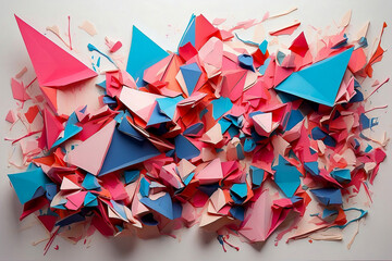 An array of brightly colored paper pieces and geometric shapes burst outward against a white background