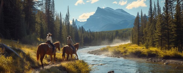 Couple riding on horse back in suuny day.