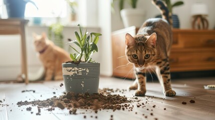 Pet Knocking Over a Plant - A homeowner reacting as their pet excitedly knocks over a houseplant, soil spreading across the floor.  - obrazy, fototapety, plakaty