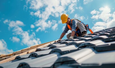 Worker with safety yellow helmet working on tiles installation