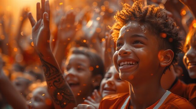 A family member sinks a three-pointer, eliciting cheers and high-fives from the rest of the family. The warm colors of their jerseys blur with their movement as they celebrate the successful shot