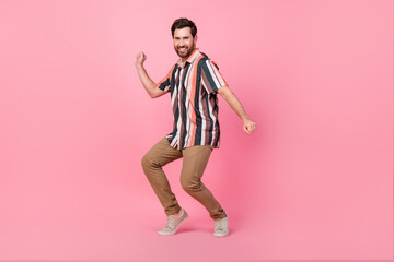 Full body length size photo of ex boyfriend young man wear striped shirt dance chill out dancing...