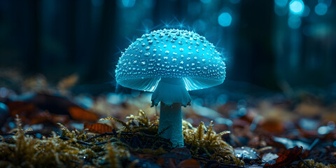 A blue mushroom with a glowing light in the middle, Magic fluorescent mushroom forest