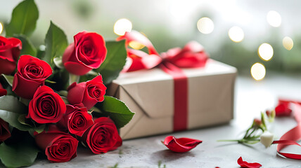valentine's day concept made from red rose and gift box on wooden background