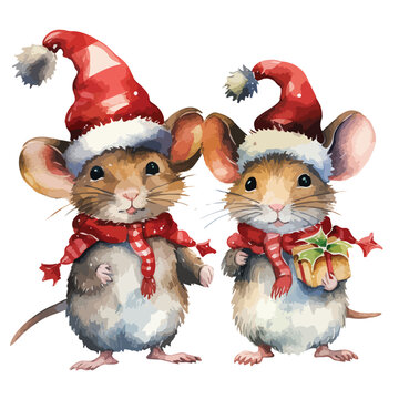 Watercolor Christmas Mice Clipart  isolated on white