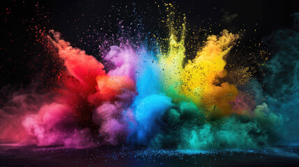 Obraz na płótnie Canvas Abstract background, colorful powder explosions on dark background in red, yellow, blue, purple, orange colors