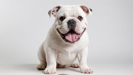 Fototapeta premium Portrait of White english bulldog on grey background