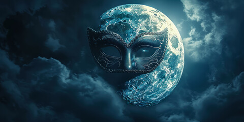 A carnival mask's silhouette against a moonlit dark background, space for haunting tales
