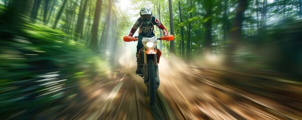 Biker in motion blur with forest blured in background.