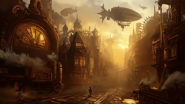 Hazy golden sunlight bathes a sprawling steampunk metropolis. Towering clockwork structures and Victorian-inspired buildings dominate the skyline. 