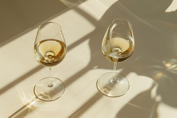 Sunny Sip: Two Glasses of White Wine Basking in Daylight Brilliance on Beige Background