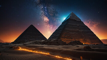 Immerse yourself in the rich culture and history of Ancient Egypt as you witness the grandeur and beauty of the pyramids and a splendid starry night sky with the cosmic universe.

 - obrazy, fototapety, plakaty