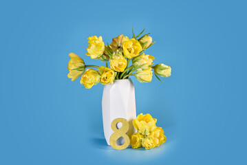 Mothers day, Greeting card. Congratulations concept, March 8. Sunlit Yellow Tulips in Vase. Close-up of vibrant yellow tulips bathed in soft natural light, emanating freshness and spring vibes. - 746448452