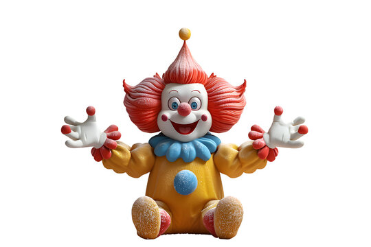 A 3D animated cartoon render of a clown juggling colorful balls.