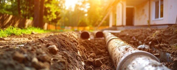 Sewage pipes instaling on the construction of a house - obrazy, fototapety, plakaty