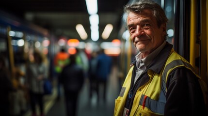Portrait of bus operator in late 50s managing busy terminal passengers queuing bright fluorescent-lit station