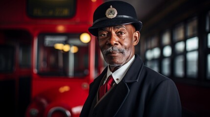Senior bus driver in 60s beside historic double-decker bus portrait