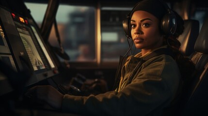 Close-up portrait of detail-oriented female bus operator framed by bus dashboard warm golden lighting