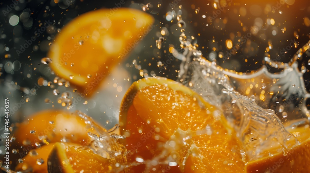 Poster orange slices smash in the air, splashing juice, captured in slow motion with depth of field. perfec