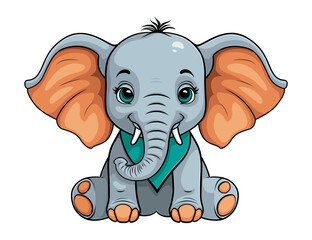 A cute baby elephant with a scarf around its neck is sitting with its ears spread. Vector isolated illustration on white background