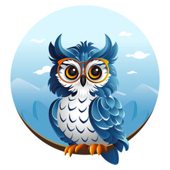 A blue-white owl in glasses sits on a branch against the background of nature.. The wise owl bird. Vector isolated illustration on white background