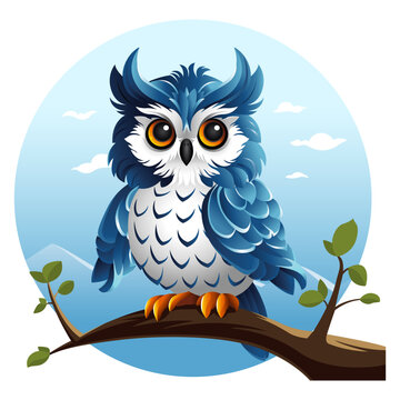 A blue-white owl sits on a branch against the background of nature. The wise owl bird. Vector isolated illustration on white background