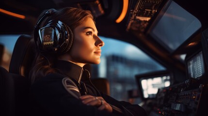 Close-up portrait of detail-oriented female pilot framed by cockpit controls and navigation screens bathed in warm golden lighting
