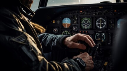 Intense close-up of pilot's hands gripping yoke and throttle during challenging takeoff softly lit cockpit bright daylight conditions - obrazy, fototapety, plakaty