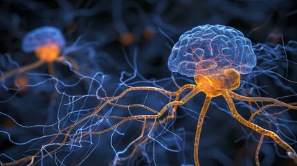 The human nervous system on the 3D Renderer, neon glow body outline, and nerve endings