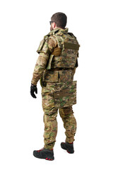 Back view of male soldier in military uniform isolated on white background