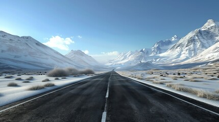 "Road splits, revealing a beautiful, snow-capped mountain landscape. Photorealistic."