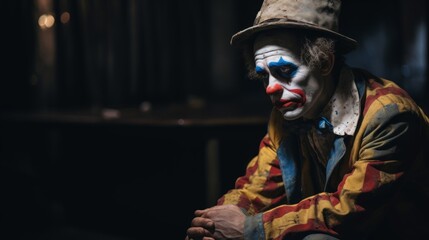 Obraz premium Clown with tear-shaped makeup sits alone in dimly lit room