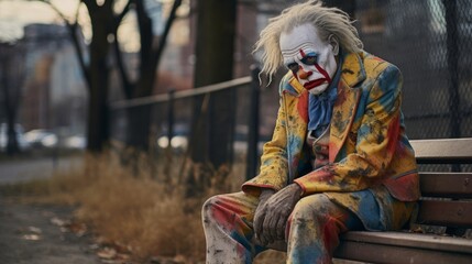 Sad clown sits on park bench in urban setting with colorful costume