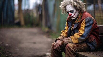 Obraz premium Sad clown sits on park bench in urban setting with bleak surroundings