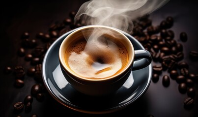 A cup of hot espresso coffee with a steam.