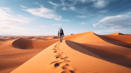 Fototapeta na wymiar Photographer holds mirrorless camera in ethereal desert landscape