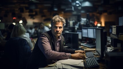 Fototapeta premium Photographer captures urgency of journalism in bustling newsroom with digital camera