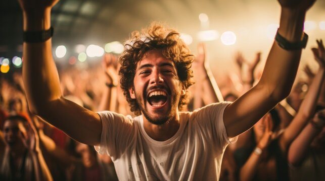 Close-up of photographer capturing energetic music festival with DSLR camera