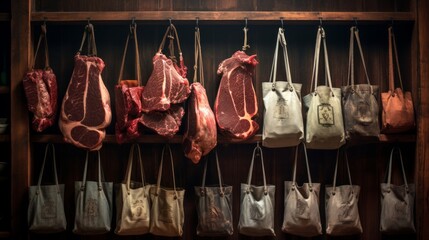 Close-up capturing details of butcher's apron against wooden wall adorned with antique cleavers - obrazy, fototapety, plakaty