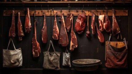 Butcher's apron stained with meats and seasonings hung against wooden wall with antique cleavers - obrazy, fototapety, plakaty
