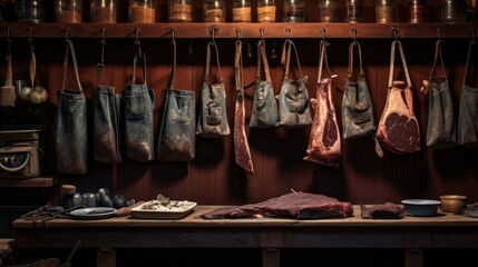 Details of butcher's apron against wooden wall with antique cleavers in soft lighting - obrazy, fototapety, plakaty