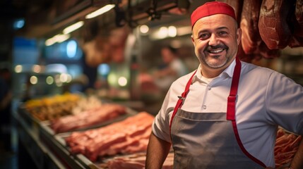 Traditional butcher serves customer in market with fresh meats under warm natural lighting