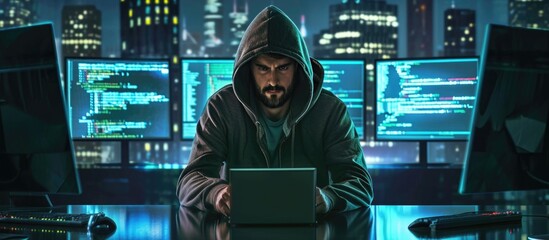 Hacker in hoodie spreading malware on multiple screens.