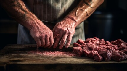 Close-up of butcher grinding blend of meats for sausages under warm lighting - obrazy, fototapety, plakaty
