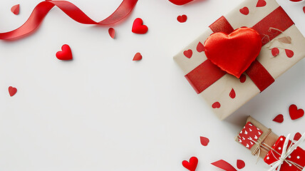 Flat lay white background with gift box and valentine's day decor details