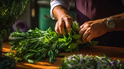 Fotobehang Close-up of butcher expertly tying bouquet garni of fresh herbs under focused daylight © javier