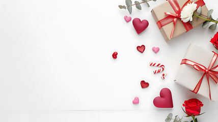 Flat lay white background with gift box and valentine's day decor details